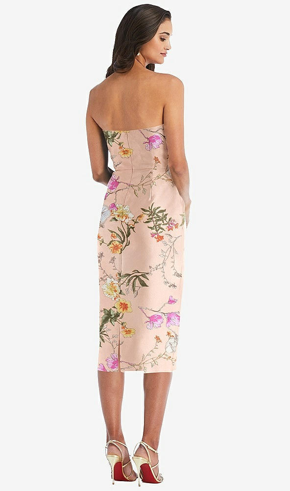 Back View - Butterfly Botanica Pink Sand Strapless Bow-Waist Pleated Floral Satin Pencil Dress with Pockets