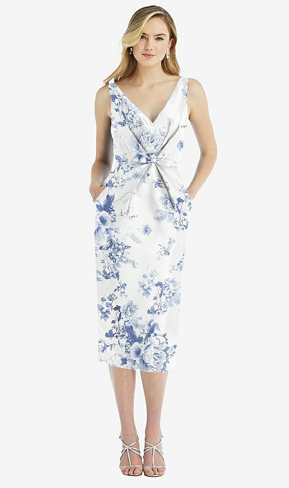 Front View - Cottage Rose Larkspur Sleeveless Pleated Bow-Waist Floral Satin Pencil Dress with Pockets