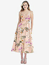 Front View Thumbnail - Butterfly Botanica Pink Sand Spaghetti Strap Full Skirt Floral Satin Midi Dress