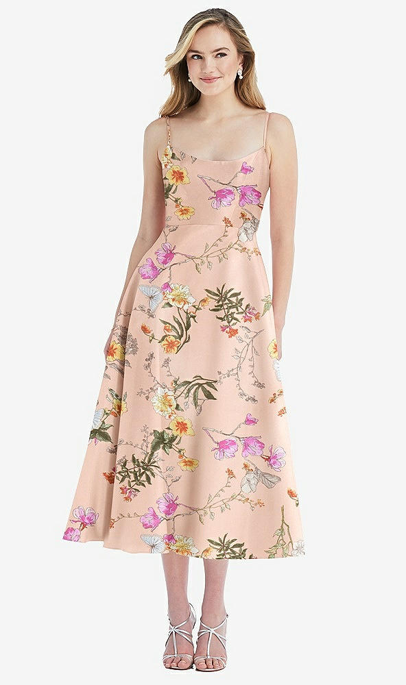 Front View - Butterfly Botanica Pink Sand Spaghetti Strap Full Skirt Floral Satin Midi Dress