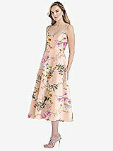Side View Thumbnail - Butterfly Botanica Pink Sand Spaghetti Strap Full Skirt Floral Satin Midi Dress
