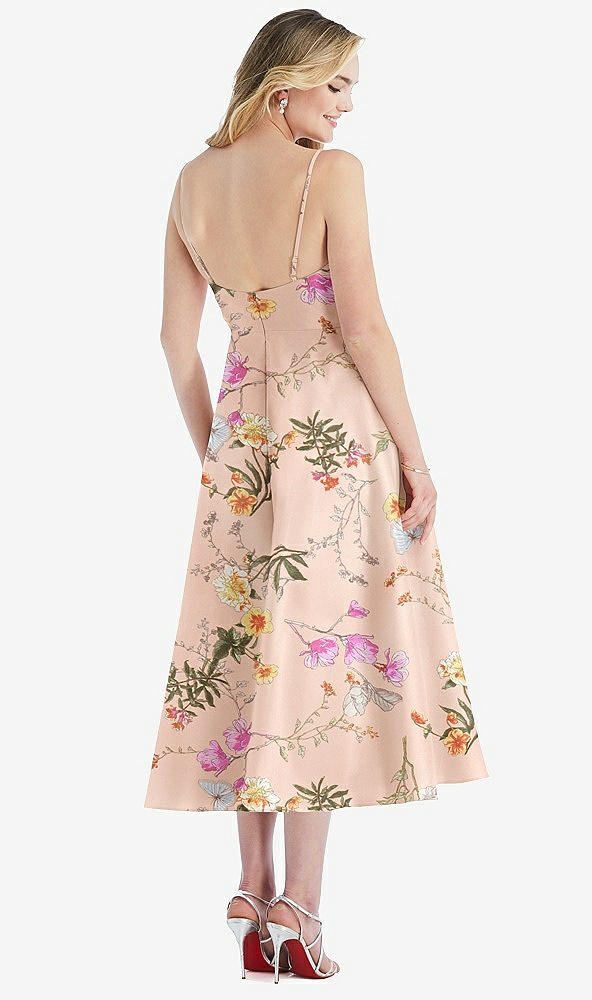 Back View - Butterfly Botanica Pink Sand Spaghetti Strap Full Skirt Floral Satin Midi Dress