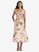 Front View Thumbnail - Butterfly Botanica Pink Sand Off-the-Shoulder Draped Wrap Floral Satin Midi Dress with Pockets