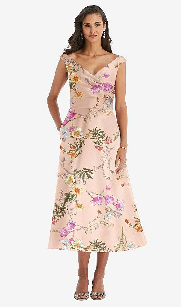Front View - Butterfly Botanica Pink Sand Off-the-Shoulder Draped Wrap Floral Satin Midi Dress with Pockets