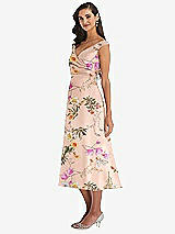 Side View Thumbnail - Butterfly Botanica Pink Sand Off-the-Shoulder Draped Wrap Floral Satin Midi Dress with Pockets
