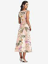 Rear View Thumbnail - Butterfly Botanica Pink Sand Off-the-Shoulder Draped Wrap Floral Satin Midi Dress with Pockets