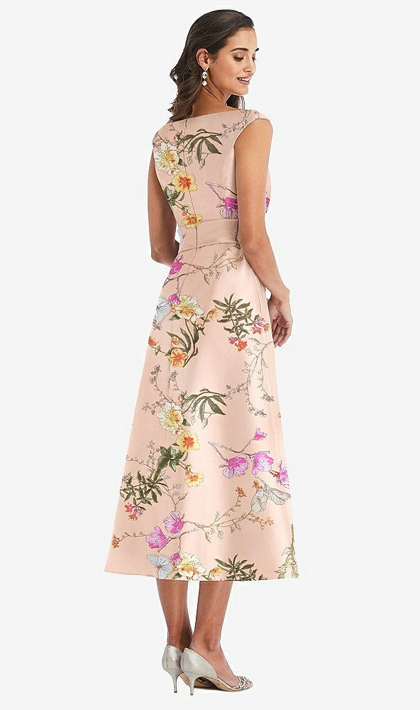 Back View - Butterfly Botanica Pink Sand Off-the-Shoulder Draped Wrap Floral Satin Midi Dress with Pockets
