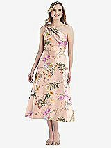 Front View Thumbnail - Butterfly Botanica Pink Sand Draped One-Shoulder Floral Satin Midi Dress with Pockets