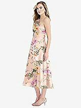 Side View Thumbnail - Butterfly Botanica Pink Sand Draped One-Shoulder Floral Satin Midi Dress with Pockets