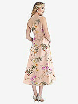 Rear View Thumbnail - Butterfly Botanica Pink Sand Draped One-Shoulder Floral Satin Midi Dress with Pockets