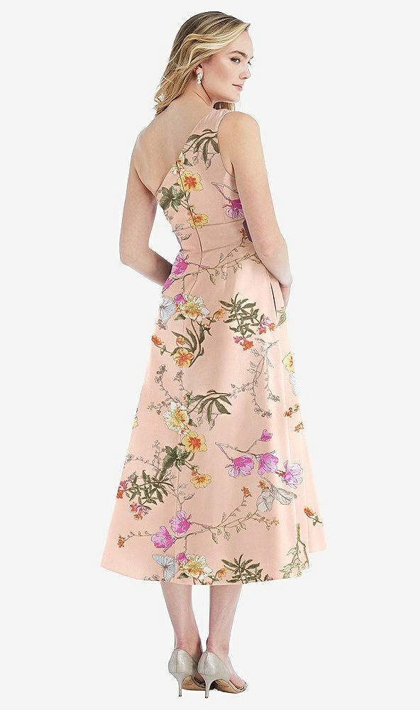 Back View - Butterfly Botanica Pink Sand Draped One-Shoulder Floral Satin Midi Dress with Pockets