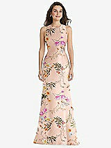 Front View Thumbnail - Butterfly Botanica Pink Sand Jewel Neck Bowed Open-Back Floral SatinTrumpet Dress