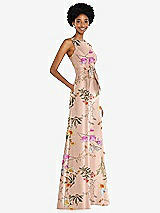 Side View Thumbnail - Butterfly Botanica Pink Sand Jewel-Neck V-Back Floral Satin Maxi Dress with Mini Sash