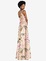 Rear View Thumbnail - Butterfly Botanica Pink Sand Jewel-Neck V-Back Floral Satin Maxi Dress with Mini Sash