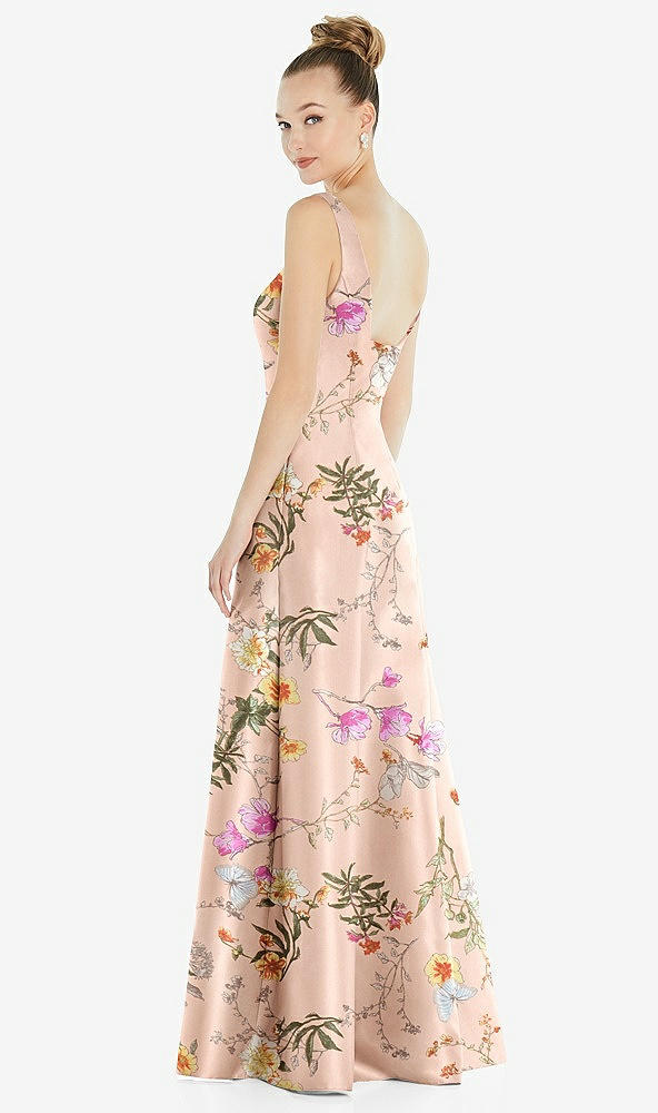 Back View - Butterfly Botanica Pink Sand Sleeveless Square-Neck Princess Line Floral Gown with Pockets