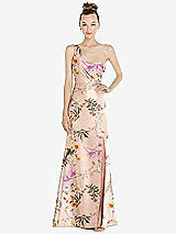 Front View Thumbnail - Butterfly Botanica Pink Sand Draped One-Shoulder Floral Satin Trumpet Gown with Front Slit
