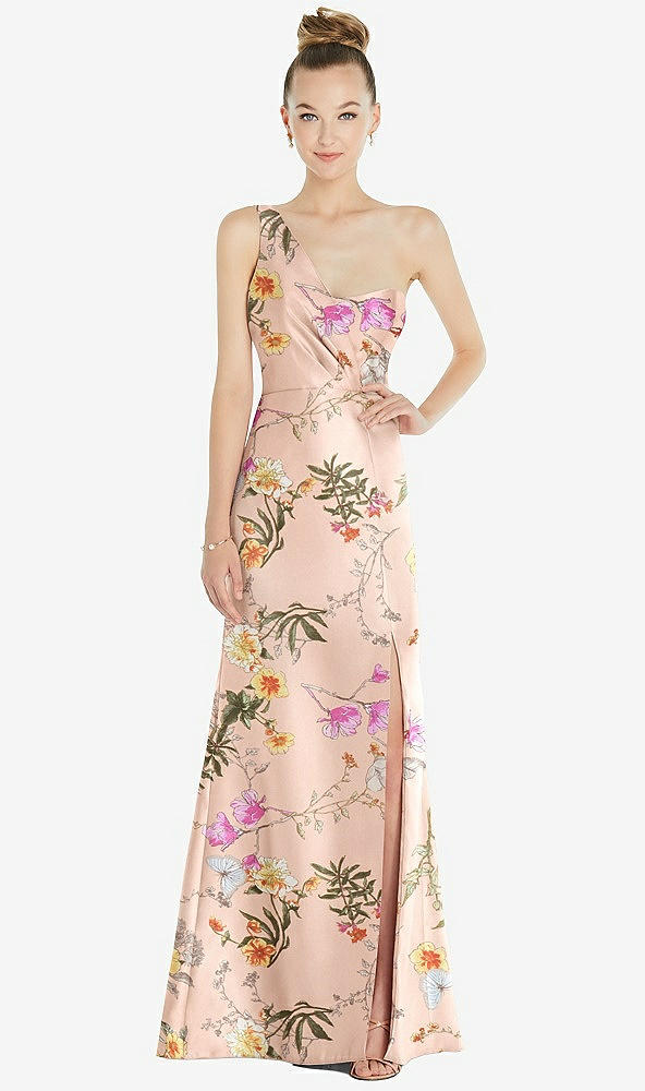 Front View - Butterfly Botanica Pink Sand Draped One-Shoulder Floral Satin Trumpet Gown with Front Slit
