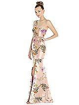 Side View Thumbnail - Butterfly Botanica Pink Sand Draped One-Shoulder Floral Satin Trumpet Gown with Front Slit