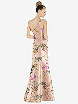 Rear View Thumbnail - Butterfly Botanica Pink Sand Draped One-Shoulder Floral Satin Trumpet Gown with Front Slit