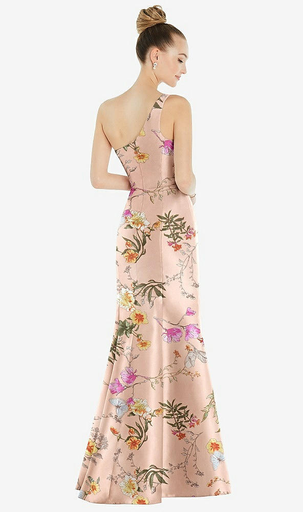 Back View - Butterfly Botanica Pink Sand Draped One-Shoulder Floral Satin Trumpet Gown with Front Slit
