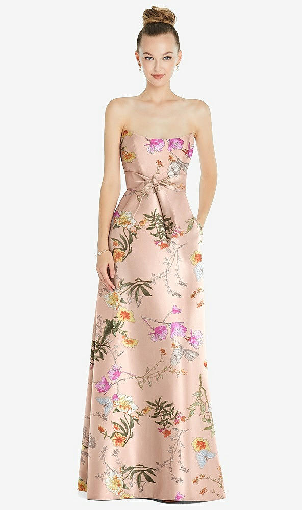 Front View - Butterfly Botanica Pink Sand Basque-Neck Strapless Floral Satin Gown with Mini Sash