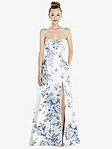 Front View Thumbnail - Cottage Rose Larkspur Bow Cuff Strapless Floral Satin Ball Gown with Pockets