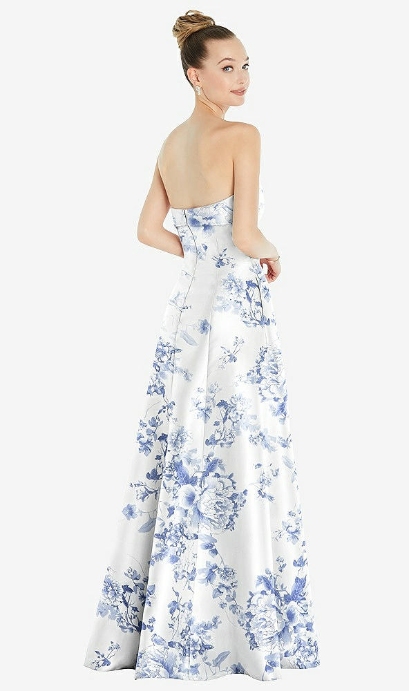 Back View - Cottage Rose Larkspur Bow Cuff Strapless Floral Satin Ball Gown with Pockets