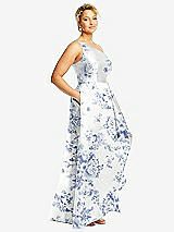 Side View Thumbnail - Cottage Rose Larkspur One-Shoulder Floral Satin Gown with Draped Front Slit