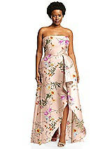 Alt View 1 Thumbnail - Butterfly Botanica Pink Sand Strapless Floral Satin Gown with Draped Front Slit and Pockets