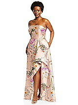 Alt View 2 Thumbnail - Butterfly Botanica Pink Sand Strapless Floral Satin Gown with Draped Front Slit and Pockets