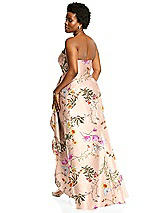 Alt View 3 Thumbnail - Butterfly Botanica Pink Sand Strapless Floral Satin Gown with Draped Front Slit and Pockets