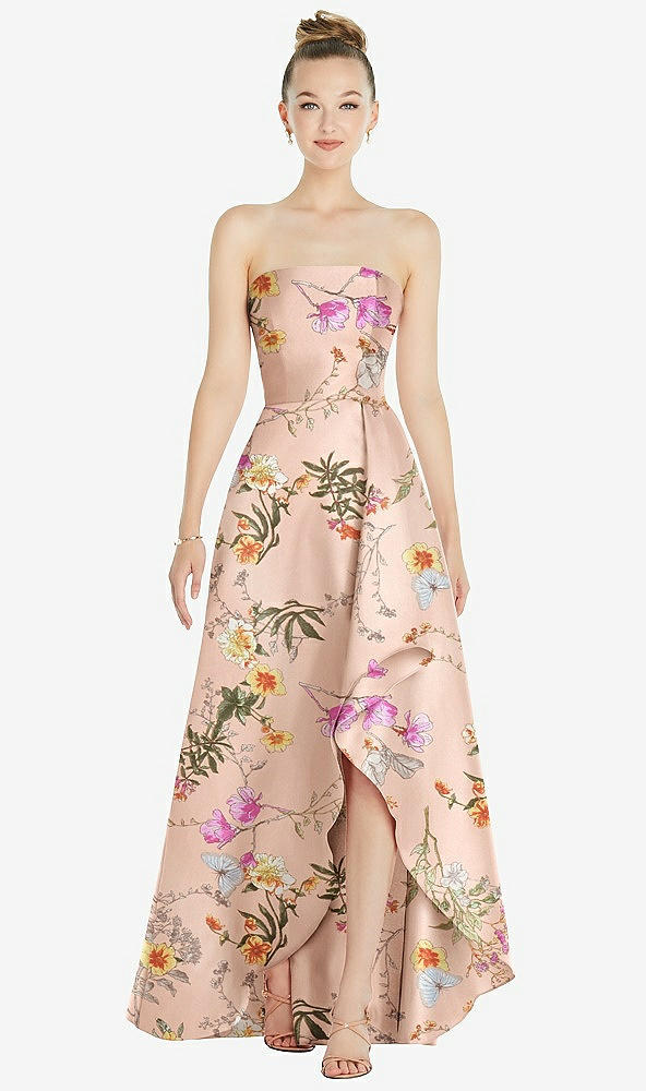 Front View - Butterfly Botanica Pink Sand Strapless Floral Satin Gown with Draped Front Slit and Pockets