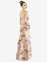Rear View Thumbnail - Butterfly Botanica Pink Sand Strapless Floral Satin Gown with Draped Front Slit and Pockets