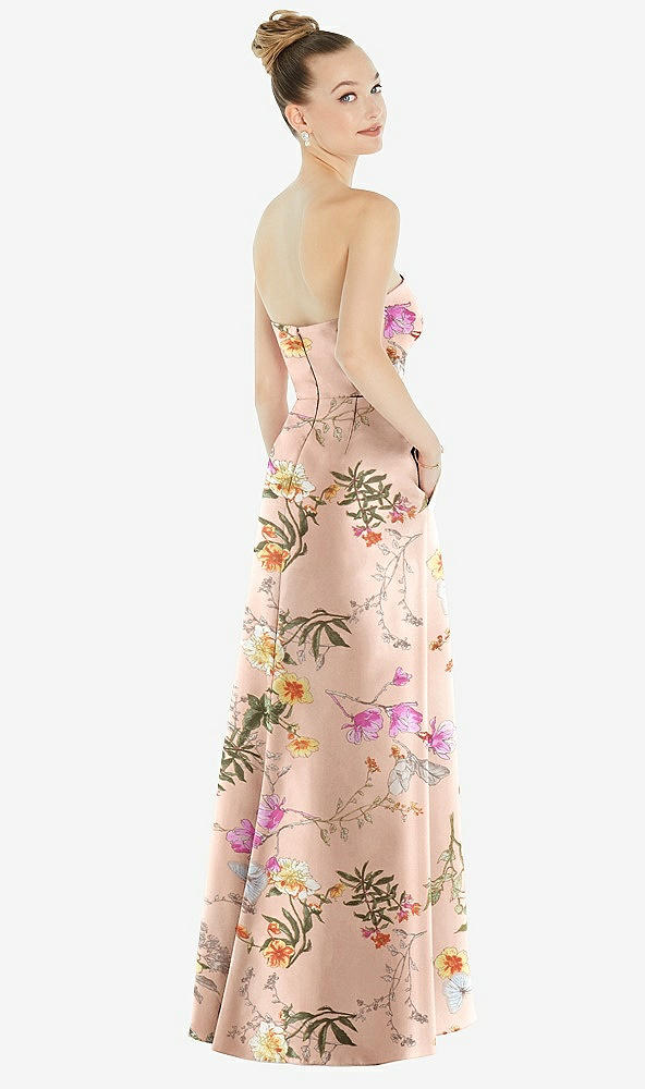 Back View - Butterfly Botanica Pink Sand Strapless Floral Satin Gown with Draped Front Slit and Pockets