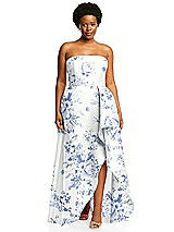 Alt View 1 Thumbnail - Cottage Rose Larkspur Strapless Floral Satin Gown with Draped Front Slit and Pockets