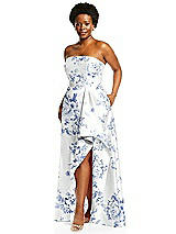 Alt View 2 Thumbnail - Cottage Rose Larkspur Strapless Floral Satin Gown with Draped Front Slit and Pockets