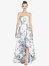 Front View Thumbnail - Cottage Rose Larkspur Strapless Floral Satin Gown with Draped Front Slit and Pockets