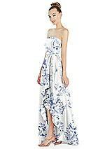 Side View Thumbnail - Cottage Rose Larkspur Strapless Floral Satin Gown with Draped Front Slit and Pockets