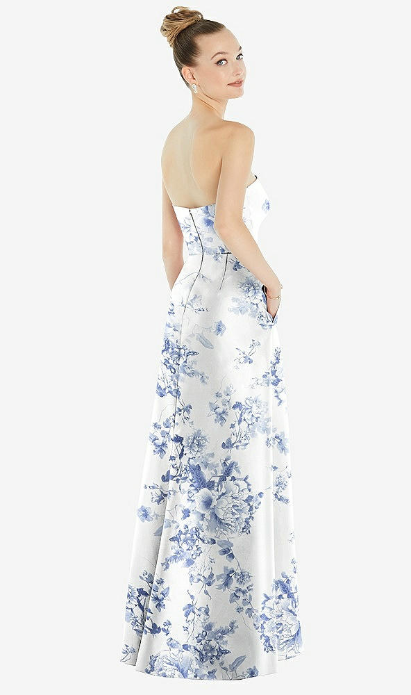 Back View - Cottage Rose Larkspur Strapless Floral Satin Gown with Draped Front Slit and Pockets
