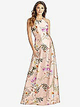 Front View Thumbnail - Butterfly Botanica Pink Sand Halter Lace-Up Back Floral Satin A-Line Maxi Dress
