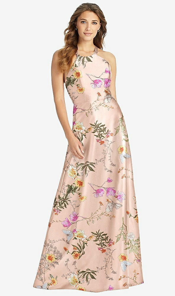 Front View - Butterfly Botanica Pink Sand Halter Lace-Up Back Floral Satin A-Line Maxi Dress