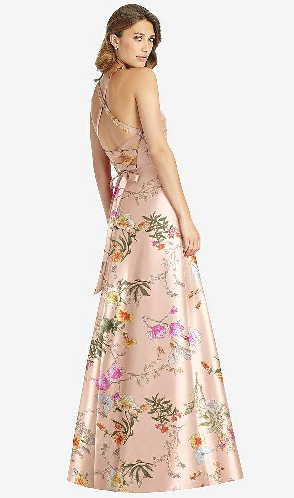 Back View - Butterfly Botanica Pink Sand Halter Lace-Up Back Floral Satin A-Line Maxi Dress