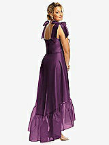 Alt View 3 Thumbnail - Aubergine Convertible Deep Ruffle Hem High Low Organdy Dress with Scarf-Tie Straps