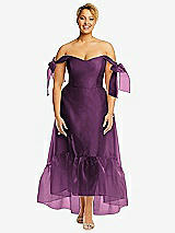 Front View Thumbnail - Aubergine Convertible Deep Ruffle Hem High Low Organdy Dress with Scarf-Tie Straps
