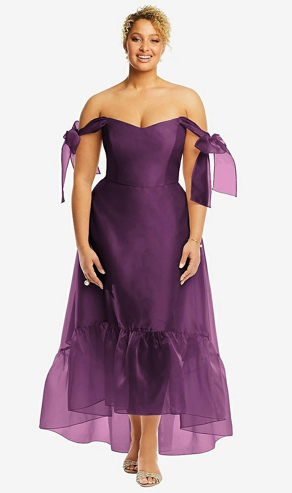 Front View - Aubergine Convertible Deep Ruffle Hem High Low Organdy Dress with Scarf-Tie Straps
