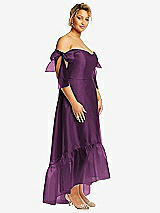 Side View Thumbnail - Aubergine Convertible Deep Ruffle Hem High Low Organdy Dress with Scarf-Tie Straps