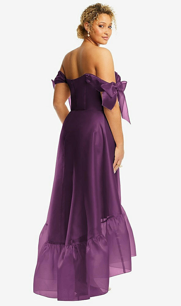 Back View - Aubergine Convertible Deep Ruffle Hem High Low Organdy Dress with Scarf-Tie Straps