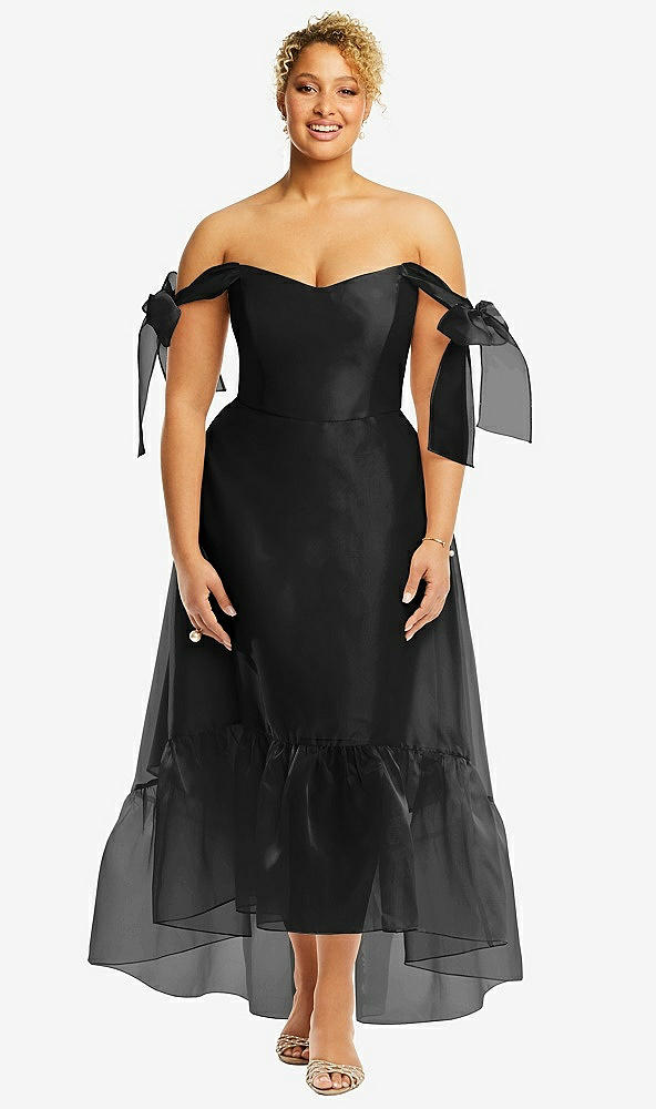 Front View - Black Convertible Deep Ruffle Hem High Low Organdy Dress with Scarf-Tie Straps