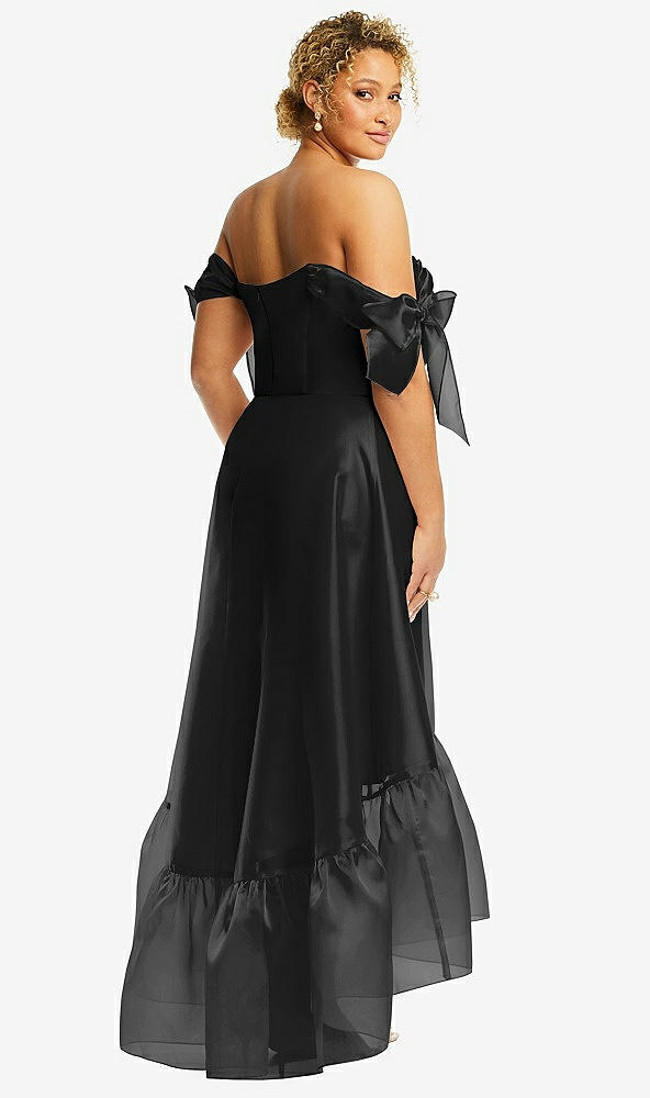 Back View - Black Convertible Deep Ruffle Hem High Low Organdy Dress with Scarf-Tie Straps
