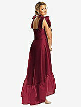 Alt View 3 Thumbnail - Burgundy Convertible Deep Ruffle Hem High Low Organdy Dress with Scarf-Tie Straps